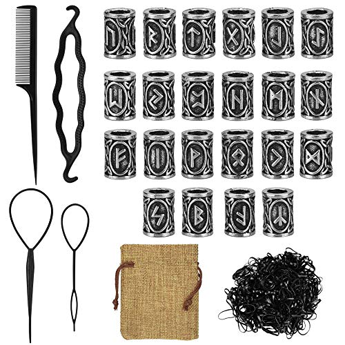 DECARETA 24 Stücke Bartperle Wikinger Rune Bart Perlen 10*13mm Nordische Haarperlen Bartschmuck Flechten Runenperlen mit Clip und 400 Schwarze Gummibänder mit Beutel für Armband Halskette DIY Anhänger