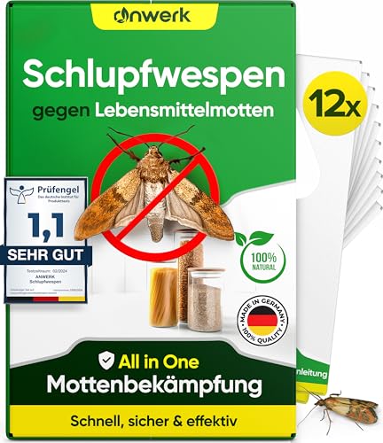 anwerk® Schlupfwespen gegen Lebensmittelmotten - 12 Karten (3 Karten à 4 Lieferungen) - Effektiv Lebensmittel Motten bekämpfen - Alternative zur Mottenfalle, Mottenspray, Pheromonfalle