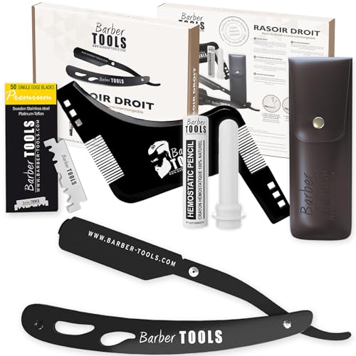 Herren Rasier-Set - Männer Rasiermesser/Barbiermesser - mit 50 Einzelklingen + Tuch + Alaunstift + Aufbewahrungsetui + Kammführung für Rasur -SCHWARZ- BARBER TOOLS