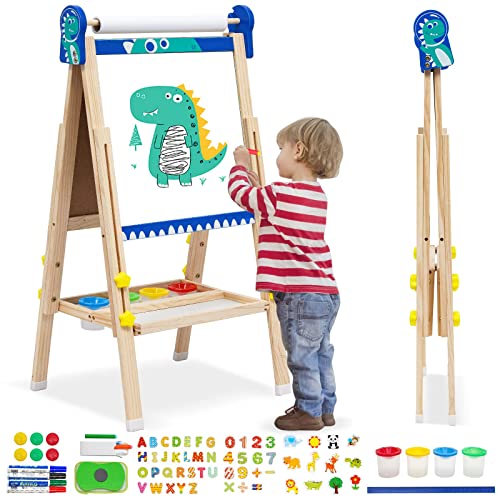 Kinder Spiel-Tafel aus Holz| Faltbare Doppelseitige Kunststaffelei für Whiteboard und Kreidetafel|höhenverstellbar mit Papierrolle, Kreidetafel, Whiteboard, Stift, Reichhaltige Accessoires