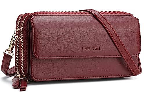 Lanyani Women Crossbody Wallet RFID Blocking Cell Phone wristlet Purse with shoulder strap small crossbody bag (Wine Red)