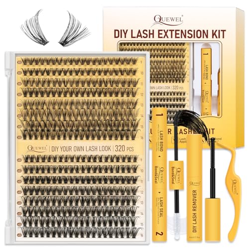 QUEWEL 320STK 30D+40D DIY Wimpern Extensions gemischte 9-16mm mit Wimpernkleber dauerhaft, Wimpern Pinzette und Wimpern Remover, Lash Extension Set für natürlichen Look DIY zu Hause (30D+40D-kit)