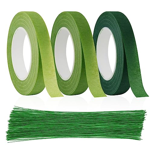 UNINGYI Blumendraht, 3 Rollen Floristenband, Floristik Kreppband 100 Pcs Floristikdraht Grün Steckdraht, Blumenstieldraht für Wrapping Blumensträuße und floralen Handwerken (27m/Rolle)