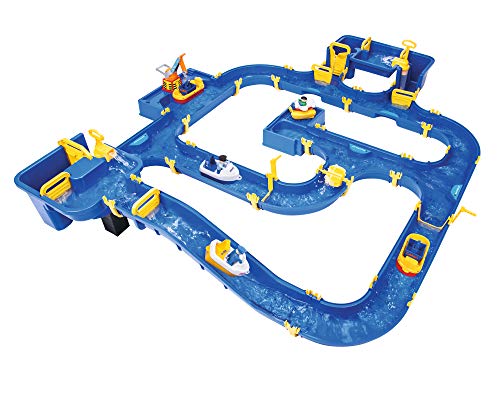 BIG - Waterplay Amsterdam - Wasserbahn blau, 175 x 143 x 27cm große Bahn, mit 4 Booten, Wasserflugzeug und 3 Spielfiguren, 2 Schleusen, Wasserpumpe und Hafenbecken, ab 3 Jahren