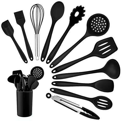 Homikit Silikon Küchenhelfer Set, 12 Stück Schwarz Kochutensilien Kochgeschirr, Hitzebeständiger Kochbesteck Set mit Utensilienhalter, Gesund & Antihaft, Spülmaschinengeeignet