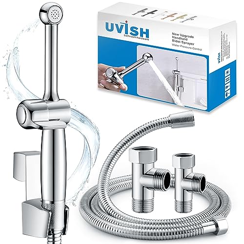 Bidet Handbrause für Toilette Messing Bidet Sprayer, Uvish Bidet Aufsatz Duschkopf mit Einstellbarem Druck G1/2" & G3/8" Toilette Ventil, Muslimische Dusche Shattaf für WC Persönliche Hygiene, Chrom