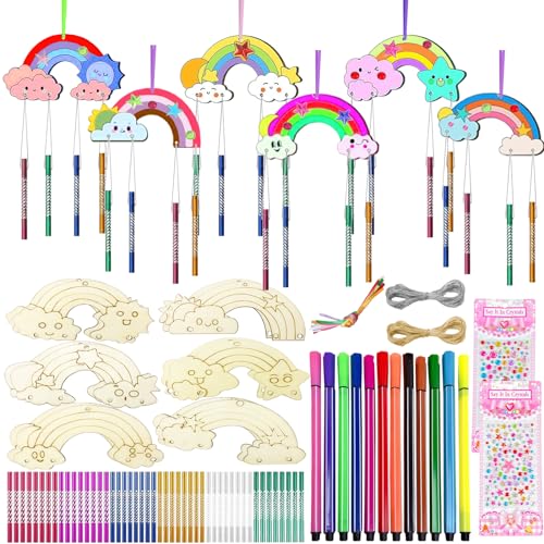 PIWOSGOL Windspiel Bastelset Kinder, 12 Stück Regenbogen Windspiel Bastelset, Holz Basteln Kinder, Regenbogen Holz Klangspiel BemalenHandwerk DIY Spielzeug Geschenk für Mädchen Jungen ab 3 4 5 6 7 8