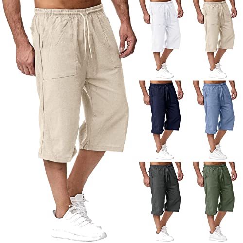 Rrongwn Leinenhose Herren 3/4 Länge Hosen Sommer Kurz Hose Sporthose Casual Einfarbig Bermuda Shorts Baumwolle Leinen Strandshorts Elastischer Bund Sommerhose mit Taschen