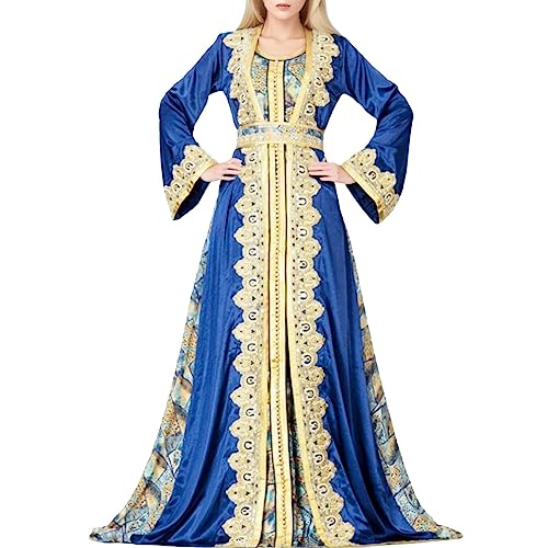 Kleine Schwarze Kleid Neues, langärmliges Damen-Rock-Mitte-bedrucktes muslimisches Gewand, europäisches amerikanisches Dubai-Kleid Sommerkleid Damen Maxikleid (Blue, L)