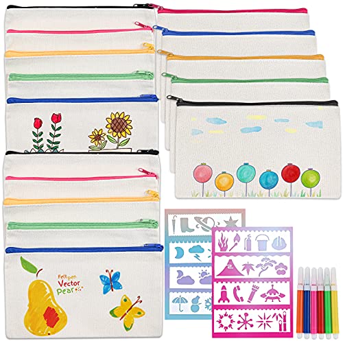 Cieex 15 Stück DIY Stoff Federmäppchen Blanko Kinder Federmäppchen, 6 Buntstift und 8 Pcs Malen Schimmel für Reisen Make up Taschen, Mäppchen, Aufbewahrung Schreibwaren(21 x 12 cm) (15)