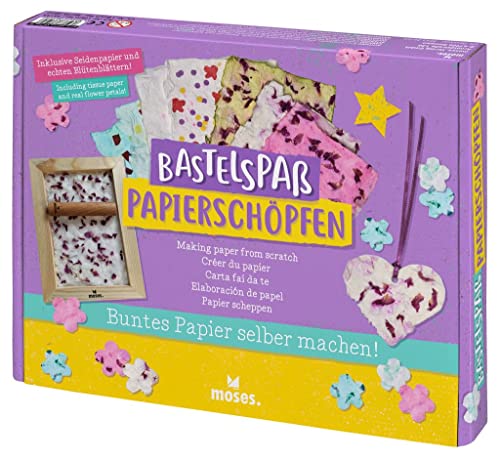 moses. Bastelspaß - Papierschöpfen, Kreativ-Set mit bebilderter Schritt-für-Schritt Anleitung, Bastelset für Kinder ab 6 Jahren, DIY-Set zur Papier Herstellung, Bunte Farben, 38195