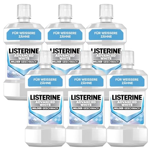 LISTERINE Advanced White milder Geschmack (6 x 500 ml), Antibakteriell Mundspülung zur Entfernung hartnäckiger Zahnverfärbungen, für weißere Zähne in nur 1 Woche