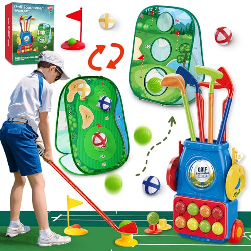 VATOS Mini Golf Set Spielzeug für Kinder, 34PCS Indoor Outdoor Golfkoffer Spiel Set mit 4 bunten Golfschläger, 14 Bälle, 2 Praxis Löcher, Wurfspiel Dartscheibe & Putting Matte Spielzeug für Jungen