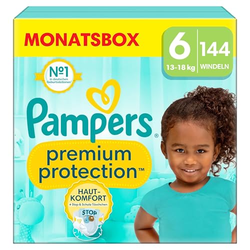 Pampers Baby Windeln Größe 6 (13kg+) Premium Protection, Extra Large, MONATSBOX, bester Komfort und Schutz für empfindliche Haut, 144 Stück