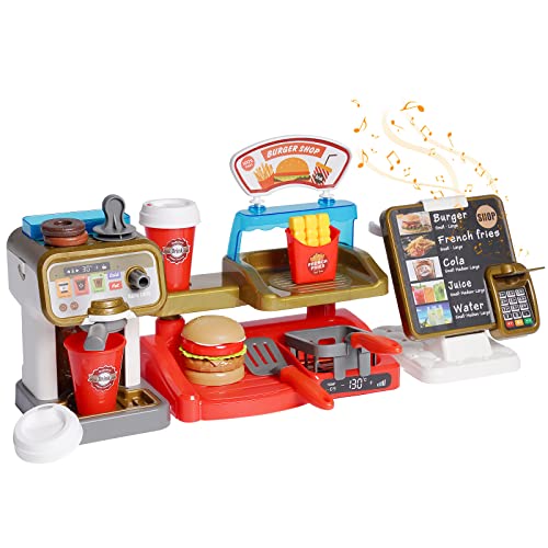 Spielzeug-Kaffeemaschine, Rollenspiel, Burger-Laden-Registrierkasse mit Sound, Kinderküche, Rollenspiel-Sets, Küchengeräte, Spielzeug für Jungen und Mädchen