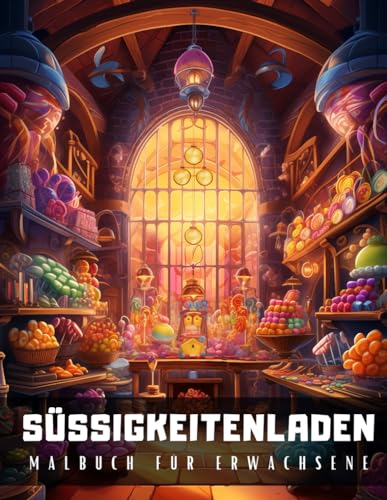 Süßigkeitenladen Malbuch für Erwachsene: Entspannendes Anti-Stress Malbuch mit Detaillierten Zeichnungen von Geschäften voller Desserts, Süßigkeiten, Kekse, Kuchen, Cupcakes und Bonbons – 50 Malseiten