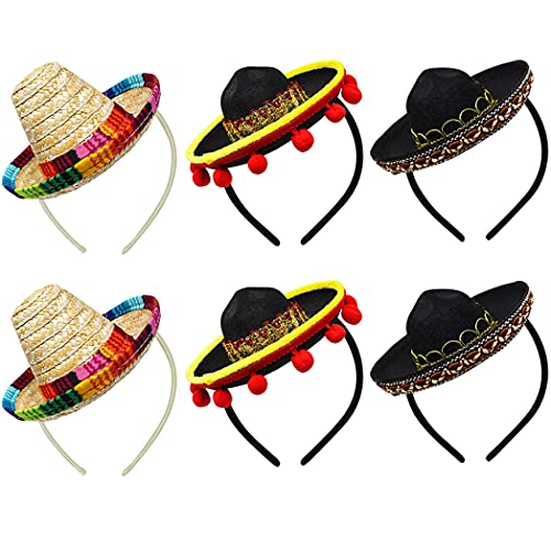 Yzpacc Set von 6 Cinco de Mayo Stroh Sombrero Stirnband Stoff Partyhüte mit Ball Fransen Dekoration für Fiesta Hut Partyzubehör, Dia de Muertos, mexikanische Themen Dekorationen Partyzubehör