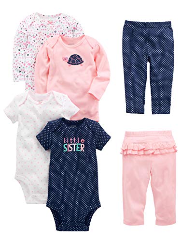 Simple Joys by Carter's Baby Mädchen 6-teiliges Set, Bodys (Kurz- und Langarm) und Hosen, Mehrfarbig/Floral/Herzen/Punkte/Schildkröte, 0-3 Monate