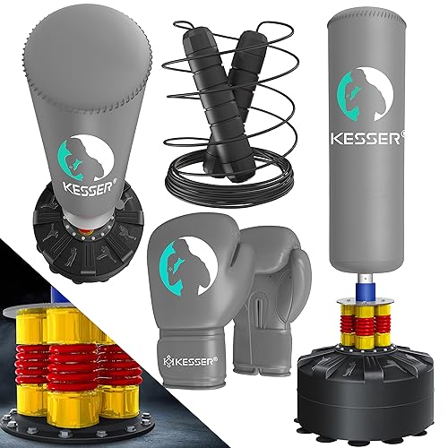 KESSER® Boxsack Set stehend Erwachsene mit Boxhandschuhe + Springseil, Kickboxsack, Freistehender Standboxsack MMA Boxpartner Boxing Trainer Fitness Boxsack mit Saugfuß Grau