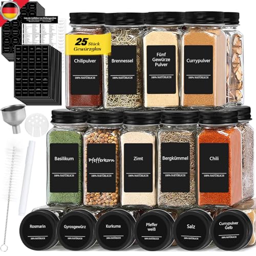 Gewürzgläser Eckig 25 Stk. Set, 120ml Schwarz Deckel Gewürzdosen, Spice Jars mit 512 Gewürzetiketten, Gewürzgläser mit Streueinsatz, Gewürzbehälter mit Stift & Trichter & Bürste, Schwarze Etikett