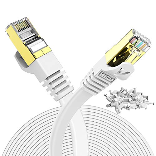 Veetop 20m Lan Kabel Cat 7 Netzwerkkabel Flach für 10 Gigabit Ethernet mit vergoldetem RJ45. Weiß