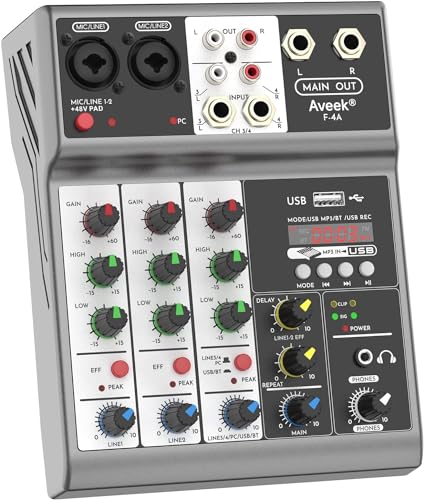 Aveek 4-Kanal Audio Mixer, Mixing Sound Board mit USB Bluetooth Reverb Delay Effekt, 48 V Eingang, Phantomspeisung Stereo DJ Mixer für Aufnahme, Live Streaming