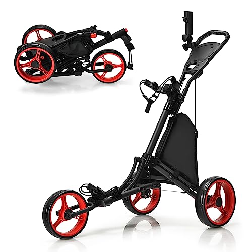 COSTWAY Golf Trolley, 3 Rad Golftrolley, Golfwagen Golf klappbar, Golfcaddy Golf Push Cart aus Aluminum, Golfcaddy mit Schirmhalter, T-Stückhalterung und Aufbewahrungstasche