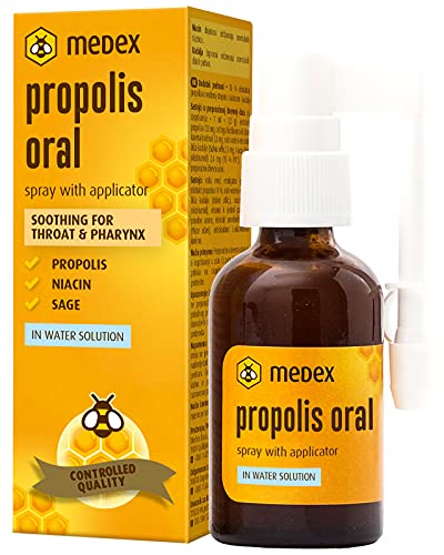 Medex Propolis Oral, Mund- und Rachenspray, wasserbasiert, OHNE Alkohol; mit Honig, Salbei, Niacin, Echinacea, Standardisierte Menge an Bioflavonoiden, mit Applikator, 30 ml Flüssigkeit