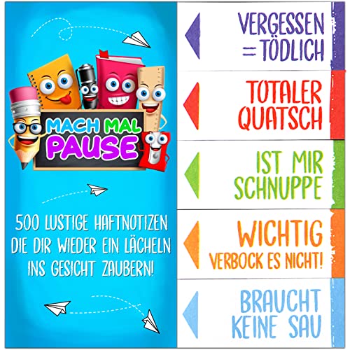 MACH MAL PAUSE® 500x Lustige Haftnotizen - die bunten Klebezettel (10x50 Blatt) sind das Geschenk für Studenten Kollegen u. Schüler - die Sticky Notes zum lernen u. markieren für Schule Uni Büro