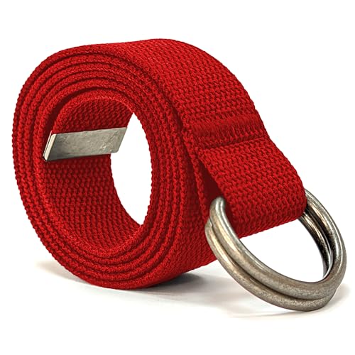 SUITUA Herren & Damen Leinengürtel mit D-Ring, Doppelring-Gürtel, 3,8 cm breit, einfarbig, extra lang (124,5 cm), Rot/Ausflug, einfarbig (Getaway Solids), 135 cm