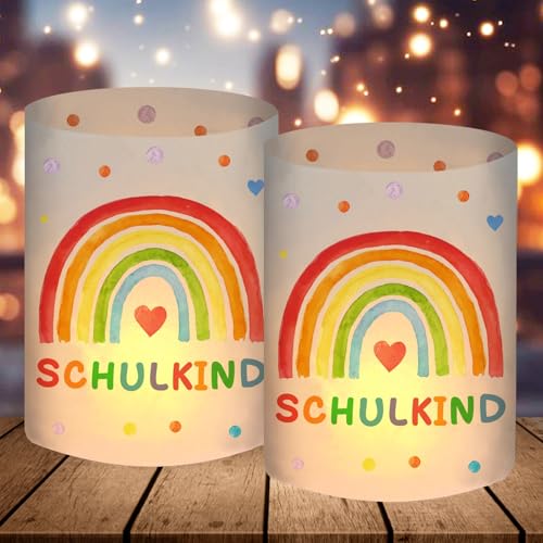 12 Windlicht Tischdeko Einschulung Mädchen, Schulkind 2024 Deko, Schulanfang Deko Mädchen, Schuleinführung Einschulungsdeko mit Regenbogen, Geeignet für Teelichter oder Kerzen