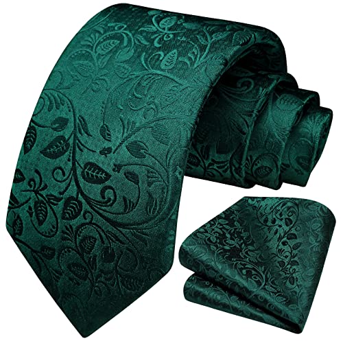 HISDERN Krawatte Herren Dunkelgrün Hochzeit Paisley Krawatten und Einstecktuch Set Elegant Blumen Krawatte mit Taschentuch Business Party