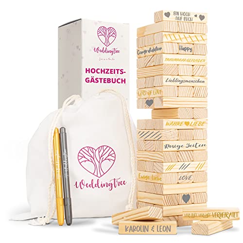 WeddingTree Holzturm als Gästebuch Hochzeit - Mit 60 Steinen, Aufbewahrungsbeutel und 2 Metallic Markern – Hochzeitsspiel als Gästebuch Alternative - Hochzeit Ideen