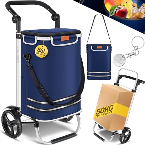 KESSER® Einkaufstrolley klappbar mit 56L Kapazität und belastbar bis 50kg | 3in1 Trolley Sackkarre & Umhängetasche | Faltbarer Einkaufswagen inkl. Kühlfach & Einkaufschip | Treppensteiger Navyblau