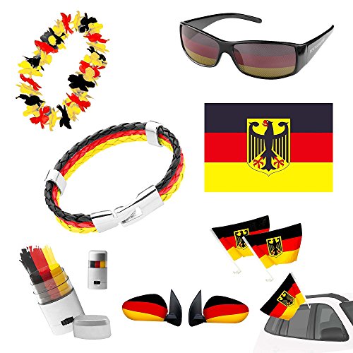 Taffstyle Fan Set Fahne Fussball EM WM Länderflagge Fanartikel Land Deutschland Hawaiikette Brille Schminke Autoset Armband Auto Flagge