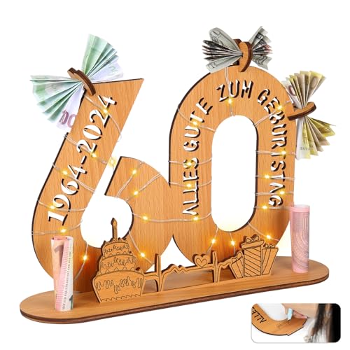 Alftek Geldgeschenke Geburtstag, Geschenkideen 60 Geburtstag Mann/Frau, Wooden Sign Guest Book Birthday mit LED Lichterkette Ständer Und Kerzenhalter Dekoration Geburtstagsgeschenk