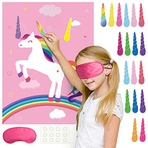 FEPITO Pin The Horn on The Unicorn Birthday Party Game mit 24 Hörnern für Einhorn Party Dekorationen, Kinder Einhorn Geburtstags Party Zubehör (Rosa)