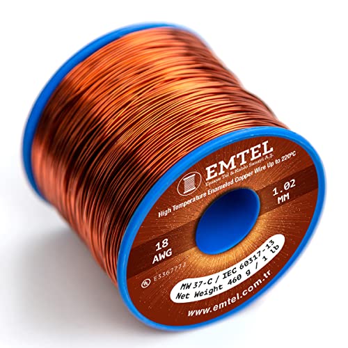 Emtel 1.02 mm (18 AWG) - 500 gr (1 LB) - 67 Meter Emaillierter Kupferdraht - Wärmeklasse 220°C (428°F) - Doppelt isolierter Wickeldraht für Elektromotoren, Transformatoren und Magnetspulen