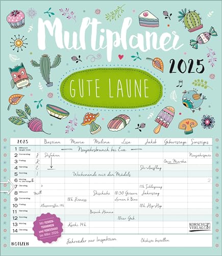 Multiplaner - Gute Laune 2025: Familienplaner, 7 breite Spalten. Großer Familienkalender mit Ferienterminen, extra Spalte, Vorschau bis März 2026 und Datumsschieber. Format: 40x46 cm