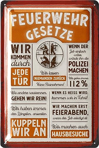 LANOLU Retro Blechschild Feuerwehrgesetze - Feuerwehrmann Geschenke für Männer, Geschenkideen für Männer, Feuerwehr Deko Schild - Metallschild mit Spruch in 20x30cm