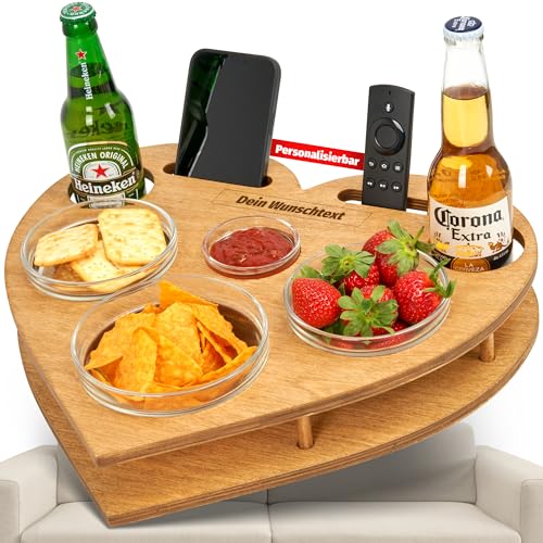 PEGSEN Couchbar handgefertigt - Herz - mit 4 Snackschalen - Sofatablett für Snacks & Getränke [stabil & sicher] Snackbox inkl. Getränkehalter - ideal für Süßigkeiten - Couch Tablett mit Getränkehalter