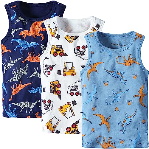 Adorel Jungen Unterhemden Baumwolle Ärmellos Tank Top Unterwäsche 3er-Pack Bagger und Dinosaurier 98 (Herstellergröße 110)