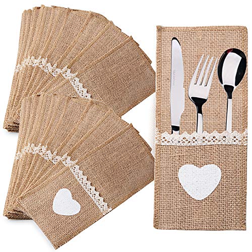 FLOFIA 40 Stück Jute Bestecktaschen Spitze Besteck Sackleinen Vintage Besteckbeutel Besteckhalter für Hochzeit Geburtstag Party Messer Gabeln Sackleinen