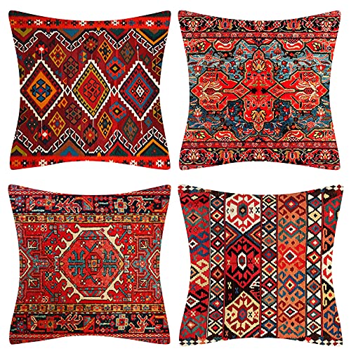 Dekorative Kissenbezüge 40 x 40 cm 4er Set Stammes-Abstraktes Rot Orientalisch Kissenbezug Teppich Muster Kissen Dekokissen Böhmischen Kissenhüllen Leinenkissen Sofa Deko