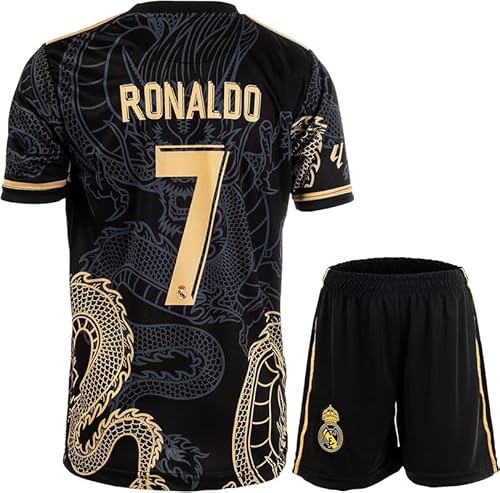 Mikalay Madrid Ronaldo #7 Retro Black Dragon Limitierte Sonderedition Seltenes Fußball Kinder Trikot Shorts Set Jugendgrößen (Schwarz,152)