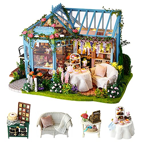 CUTEROOM DIY Mini Dollhouse Wooden Furniture Kit, Rosengarten Teehaus - handgemachte Hütte kleines Haus mit Spieluhr - zum Zusammenbau von Spielzeug Geburtstagsgeschenken