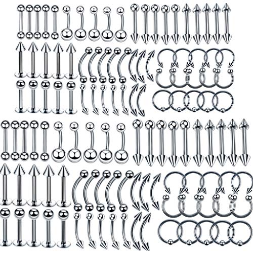 Multi Piercing Set 120x Edelstahl silber Mix Körperschmuck Studs Barbells Silber Bananabells für Ohr Lippe Nase Zunge Bauchnabel Augenbrauen Nippel Piercing Ring Punk 1.2 * 8mm,1.2 * 10