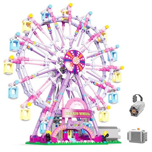 NEWRICE Drehendes Riesenrad Baukasten mit Lichtern,Vergnügungspark Bauklötze BAU-Spielzeug Set für 8+Jahre Jungen.Mädchen (Rosa Riesenrad)