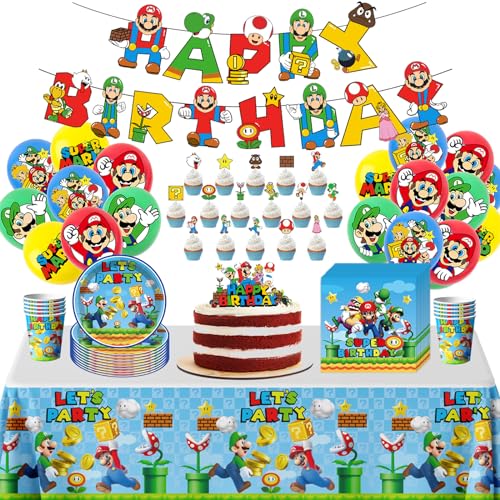 STUINMOLL Super Mario Geburtstag Deko, Mario Dekoration für Kindergeburtstagsparty, Super Mario Party Deko Geschirr Set Enthält Banner Luftballons Kuchen Topper Teller Tassen Servietten und Tischtuch