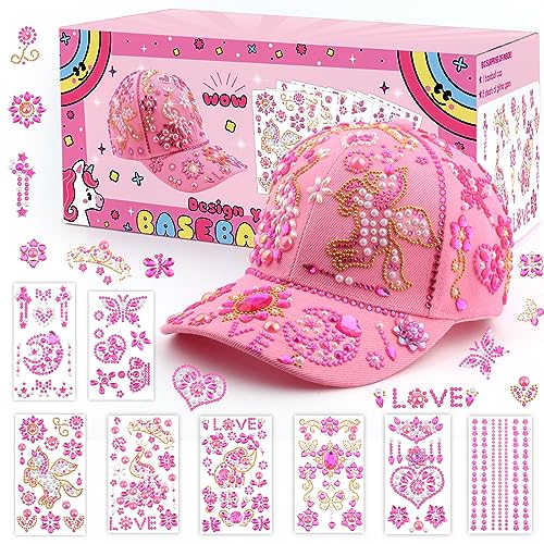 Navdrivl Mädchen Geschenk DIY Baseballkappe Selbst Gestalten mit Edelstein Aufklebern für Kinder Schulanfang Geschenke für Mädchen Baseballmütze Rosa Mädchen Geschenke 4 5 6 7 8 9 10 11 12 Jahre